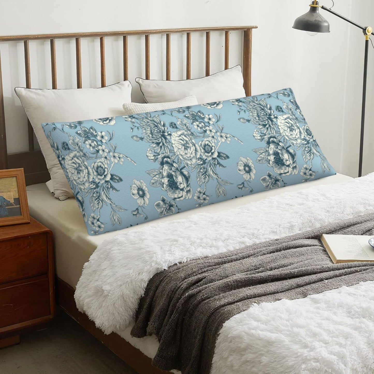 Toile Body Pillow Cover Chinoiserie Flowers Long Pillow Case French Country Decorative Cushion Cover