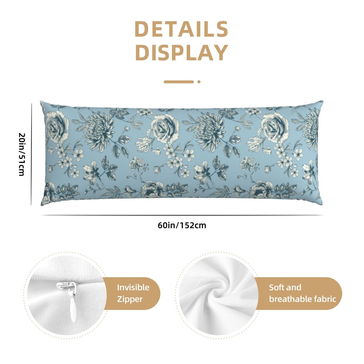 Toile Body Pillow Cover Chinoiserie Flowers Long Pillow Case French Country Decorative Cushion Cover