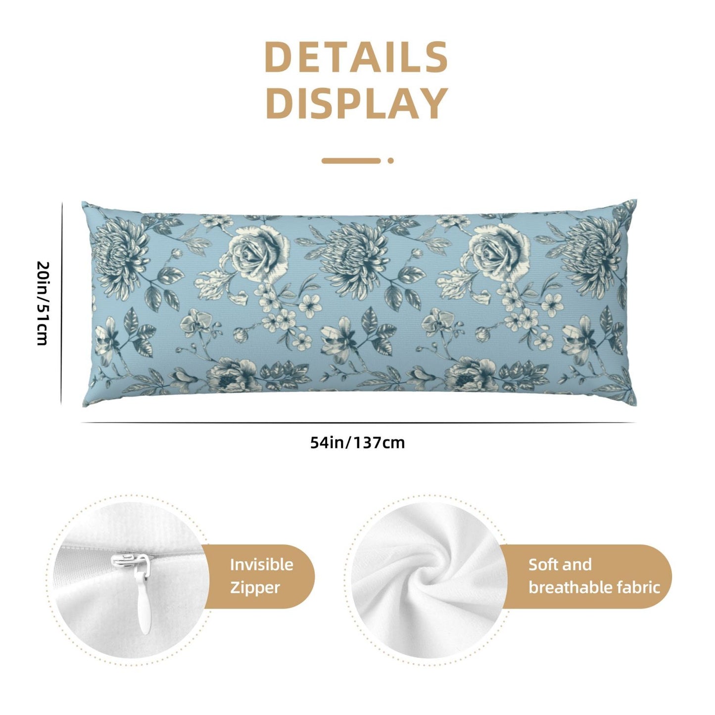 Toile Body Pillow Cover Chinoiserie Flowers Long Pillow Case French Country Decorative Cushion Cover