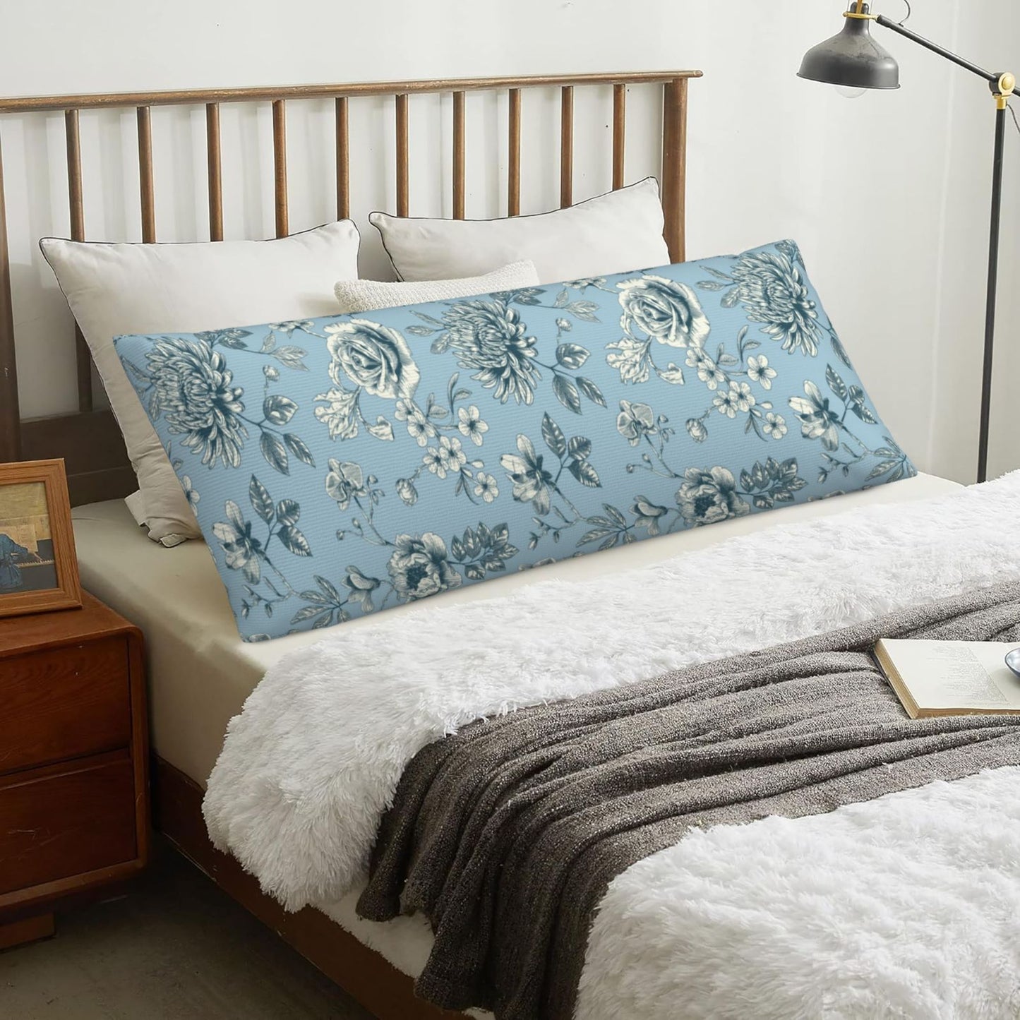 Toile Body Pillow Cover Chinoiserie Flowers Long Pillow Case French Country Decorative Cushion Cover