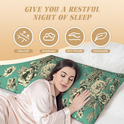 Green toile body pillow cover shown as a soft sleeping surface