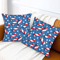 4th of July velvet pillow covers with striped rockets and white stars, styled on a sofa