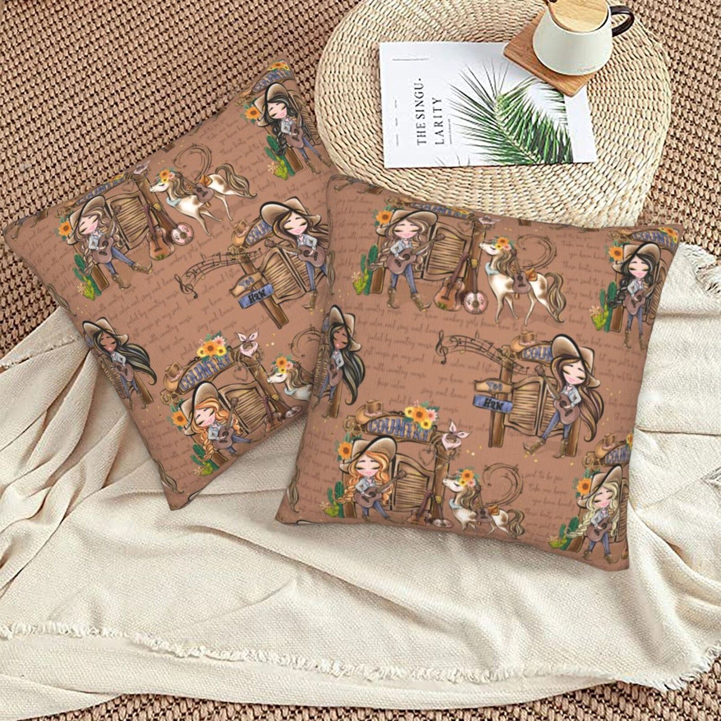 Western Cowgirl And Highland Cows Throw Pillow Covers 18x18 inch Set of 2 Rustic Country Velvet Decorative Cushion Covers