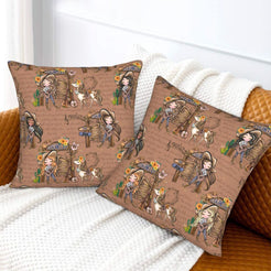 Western velvet pillow covers with brown cowgirl and Western motifs, styled on a sofa