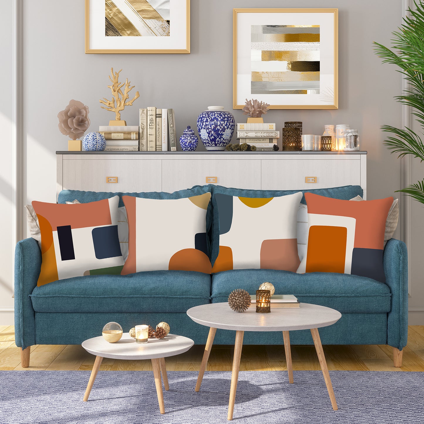Mid Century Throw Pillow Covers 18x18 inch Set of 4 Bohemian Abstract Pillow Cases Rust Modern Geometric Decorative Cushion Covers