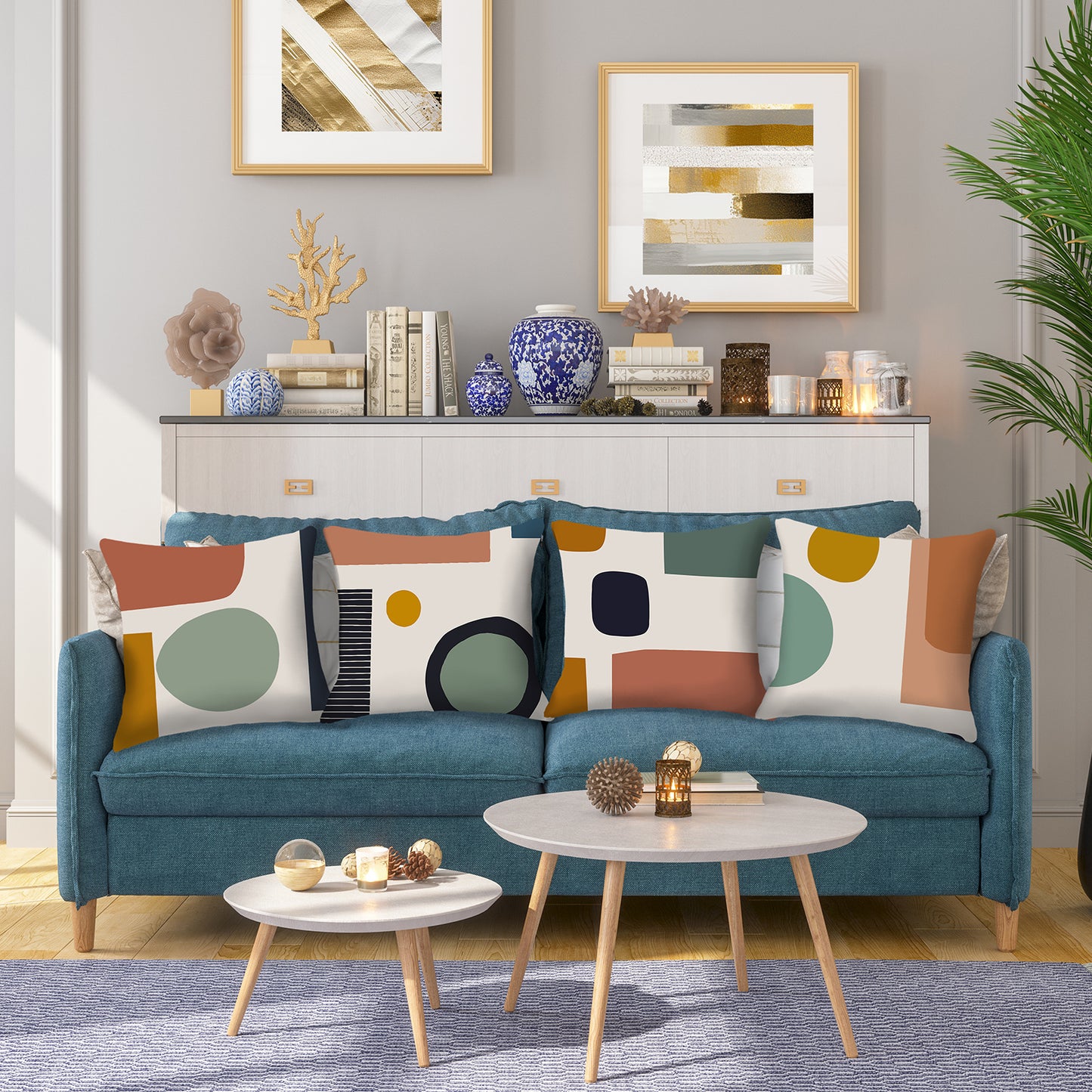 Mid Century Throw Pillow Covers 18x18 inch Set of 4 Bohemian Abstract Pillow Cases Rust Modern Geometric Decorative Cushion Covers