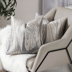 Silver marble-pattern jacquard pillow covers styled on a sofa