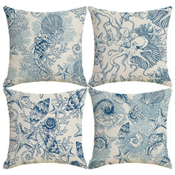 Set of four water-resistant linen-look polyester pillow covers with blue seashell, octopus and seahorse prints