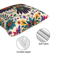 Close-up of hidden zipper and soft fabric texture on short-pile plush pillow cover with colorful folk flowers on cream
