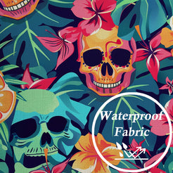 Close-up of water-resistant linen-look polyester with colorful skulls and tropical flowers