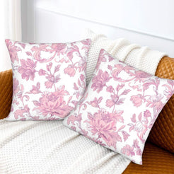 Pink toile velvet pillow covers with pink large peonies on white, styled on a sofa