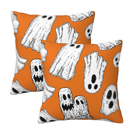 Halloween Themed Throw Pillow Covers 18x18 inch Set of 2 Ghosts Orange Velvet Decorative Cushion Covers for Sofa Couch Living Room