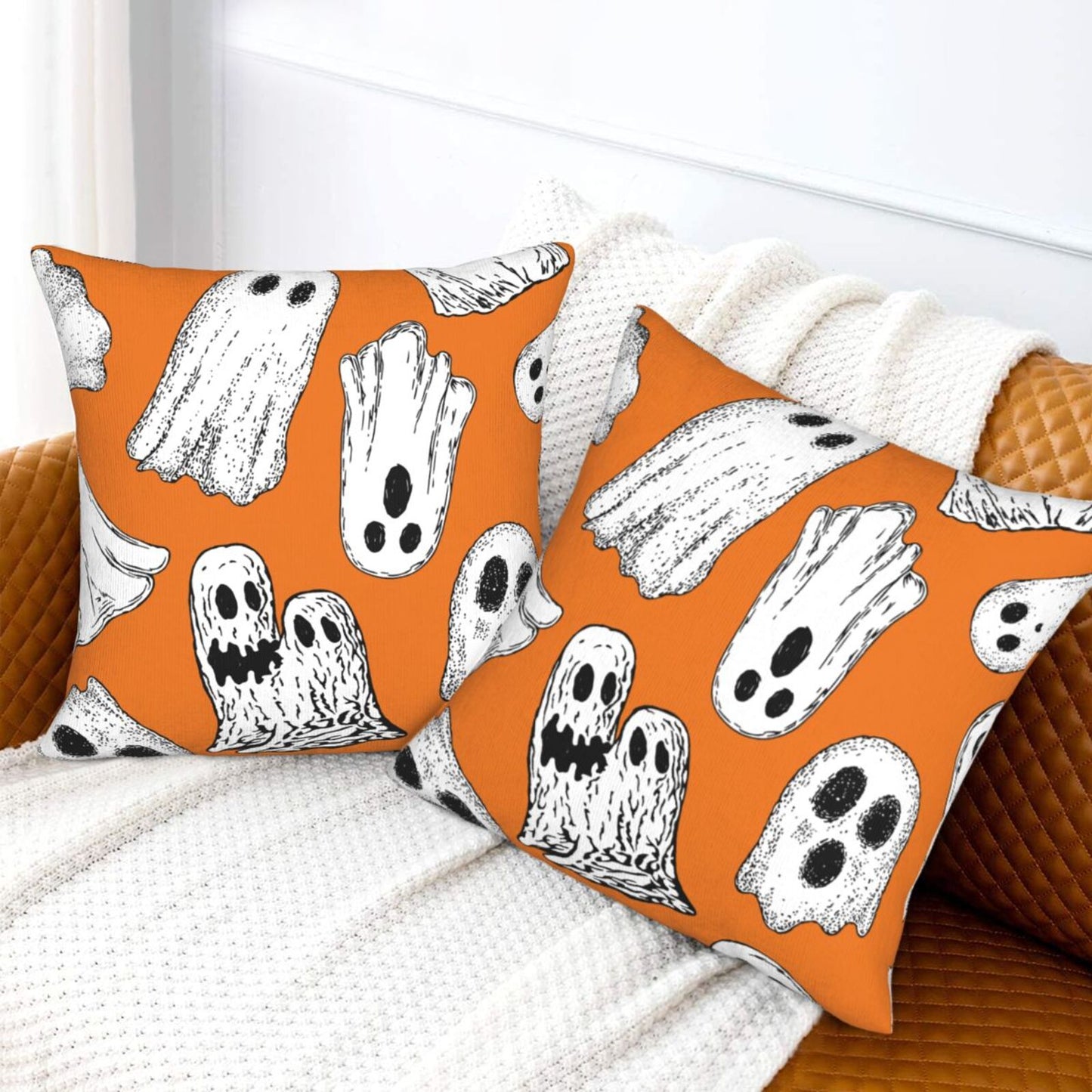 Halloween Themed Throw Pillow Covers 18x18 inch Set of 2 Ghosts Orange Velvet Decorative Cushion Covers for Sofa Couch Living Room