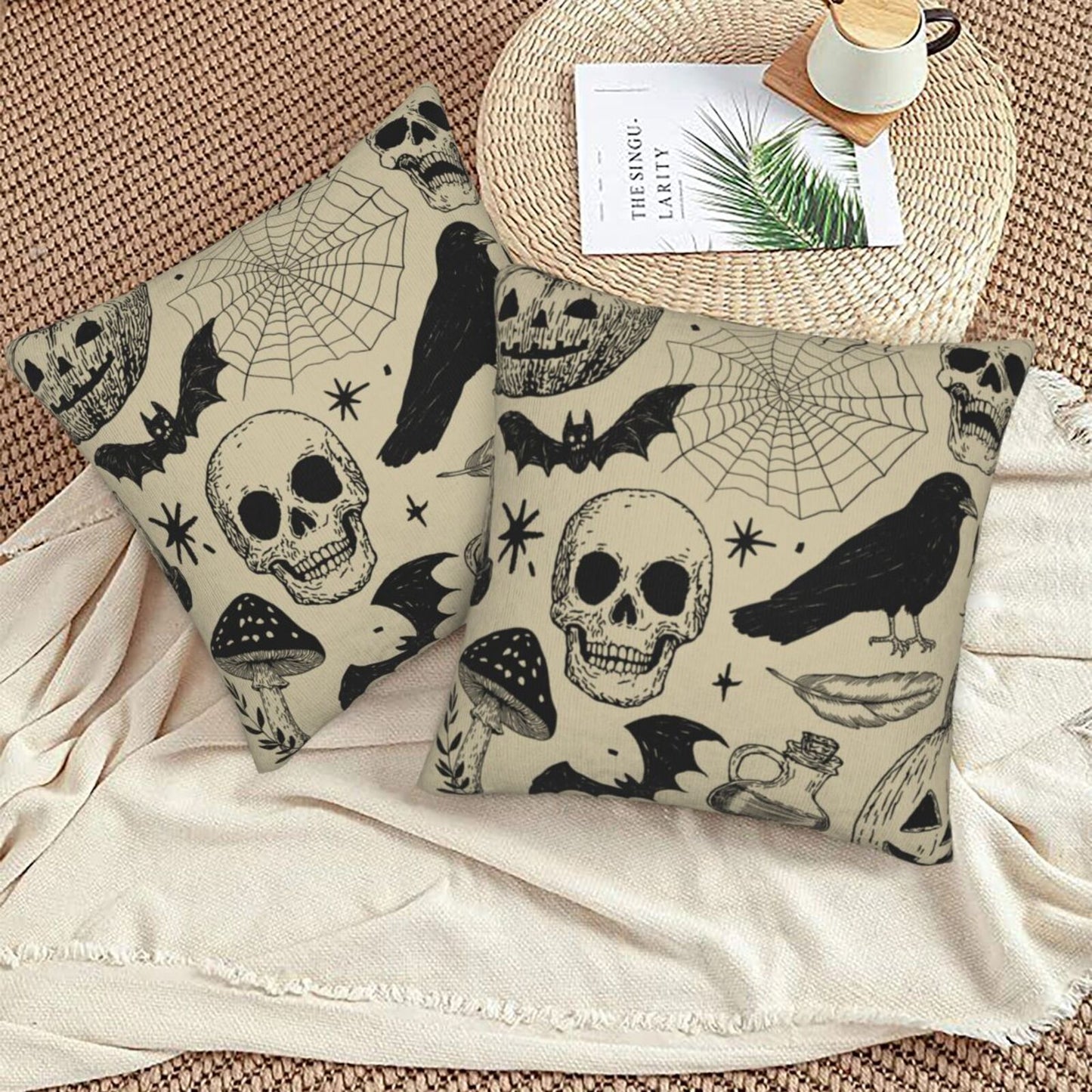Halloween Themed Throw Pillow Covers 18x18 inch Set of 2 Ghosts Orange Velvet Decorative Cushion Covers for Sofa Couch Living Room