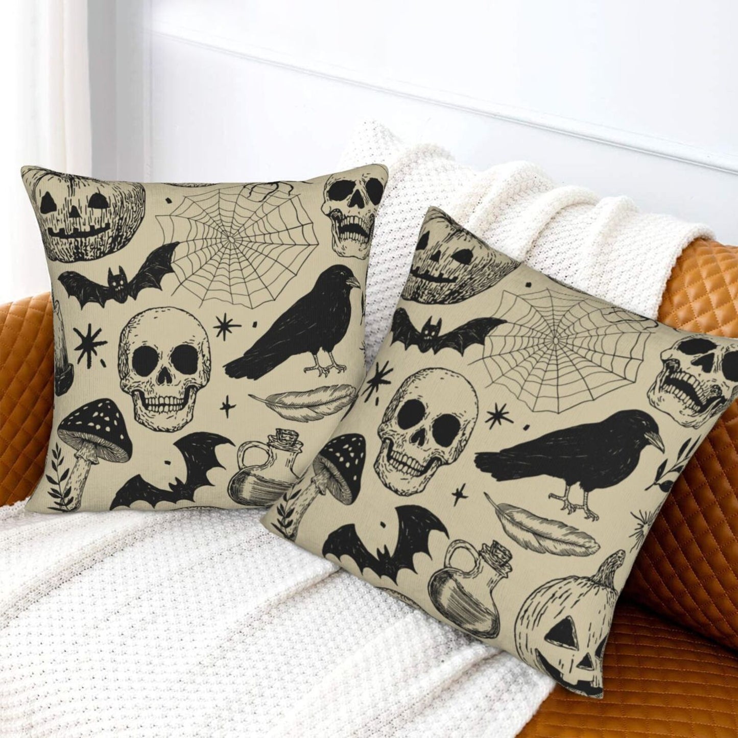 Halloween Themed Throw Pillow Covers 18x18 inch Set of 2 Ghosts Orange Velvet Decorative Cushion Covers for Sofa Couch Living Room