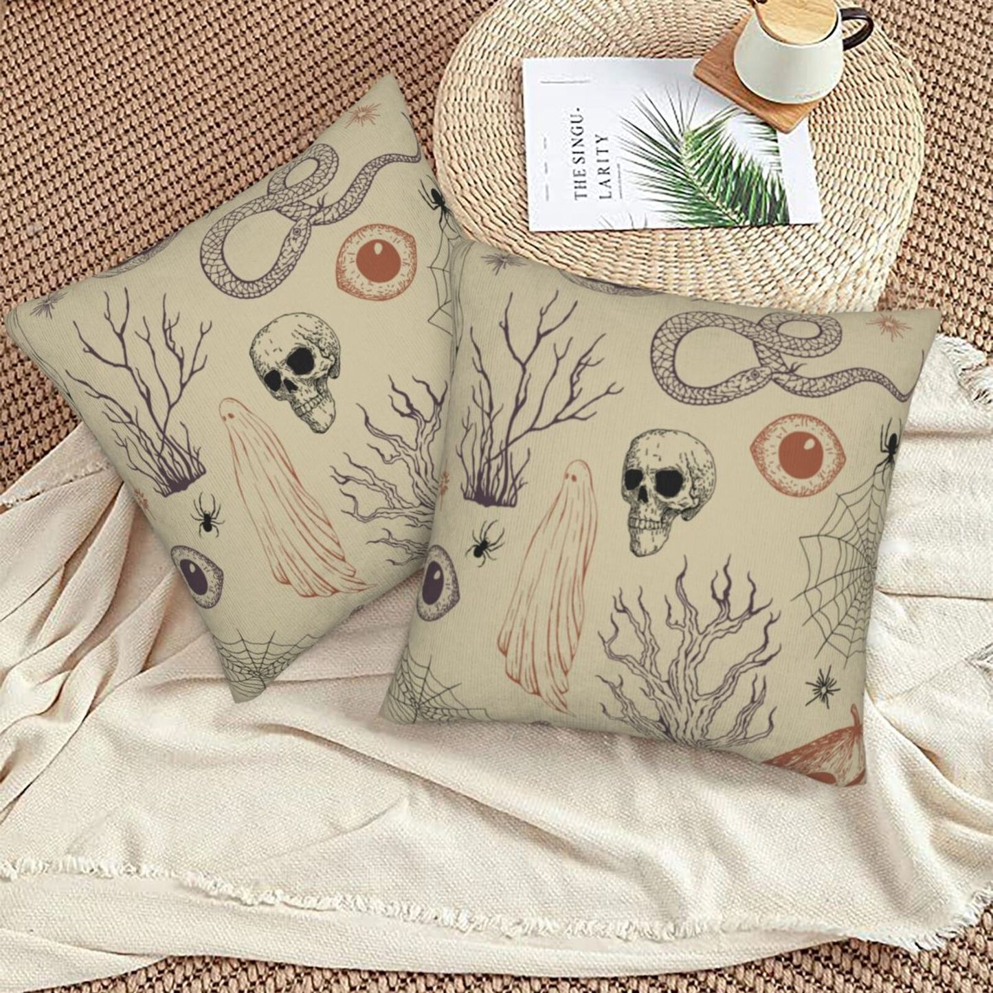 Halloween Themed Throw Pillow Covers 18x18 inch Set of 2 Ghosts Orange Velvet Decorative Cushion Covers for Sofa Couch Living Room