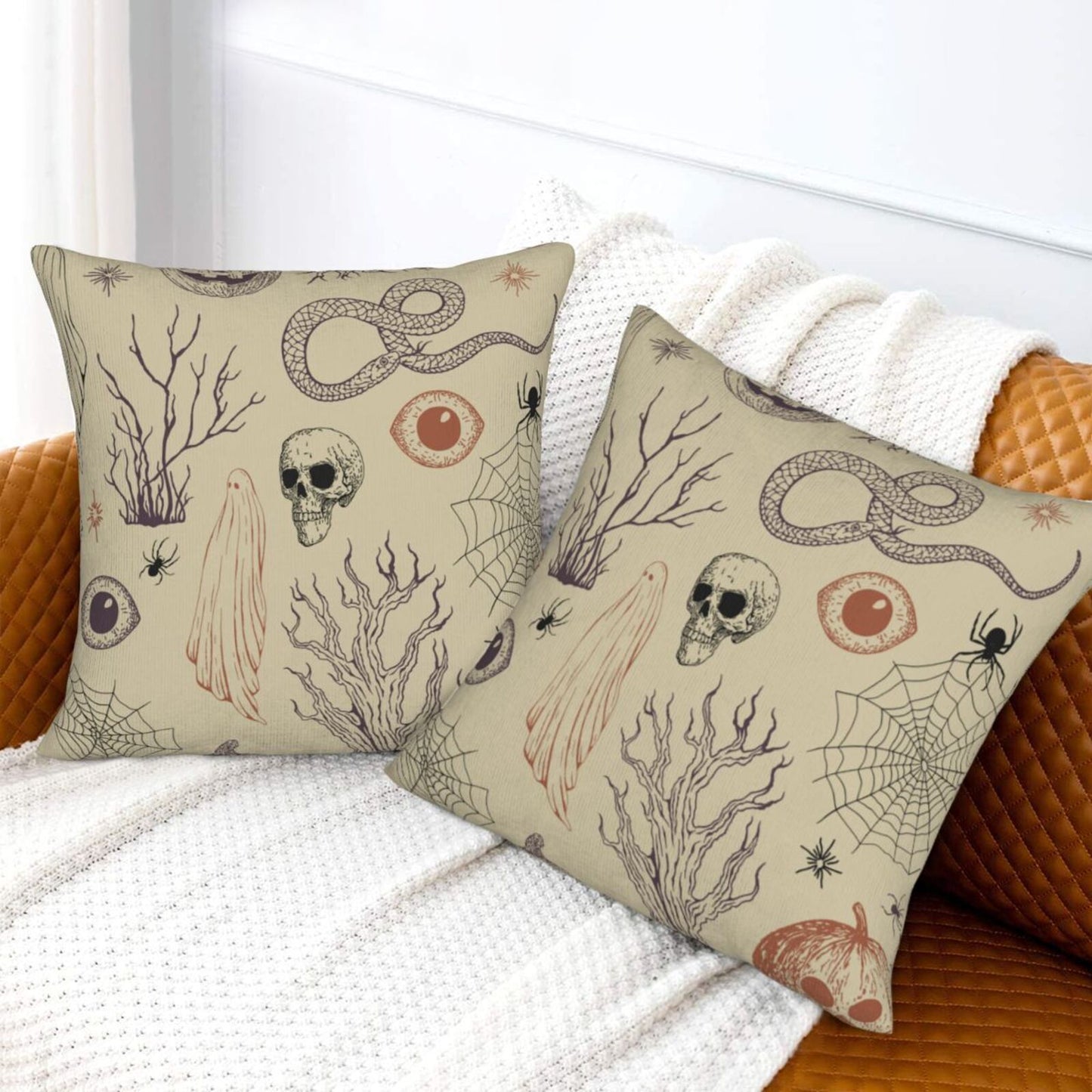 Halloween Themed Throw Pillow Covers 18x18 inch Set of 2 Ghosts Orange Velvet Decorative Cushion Covers for Sofa Couch Living Room
