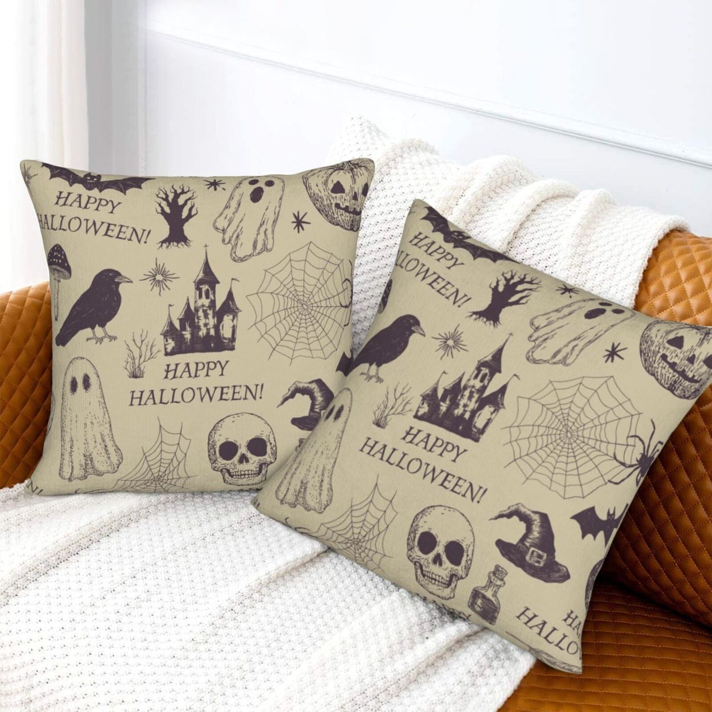 Halloween Themed Throw Pillow Covers 18x18 inch Set of 2 Ghosts Orange Velvet Decorative Cushion Covers for Sofa Couch Living Room