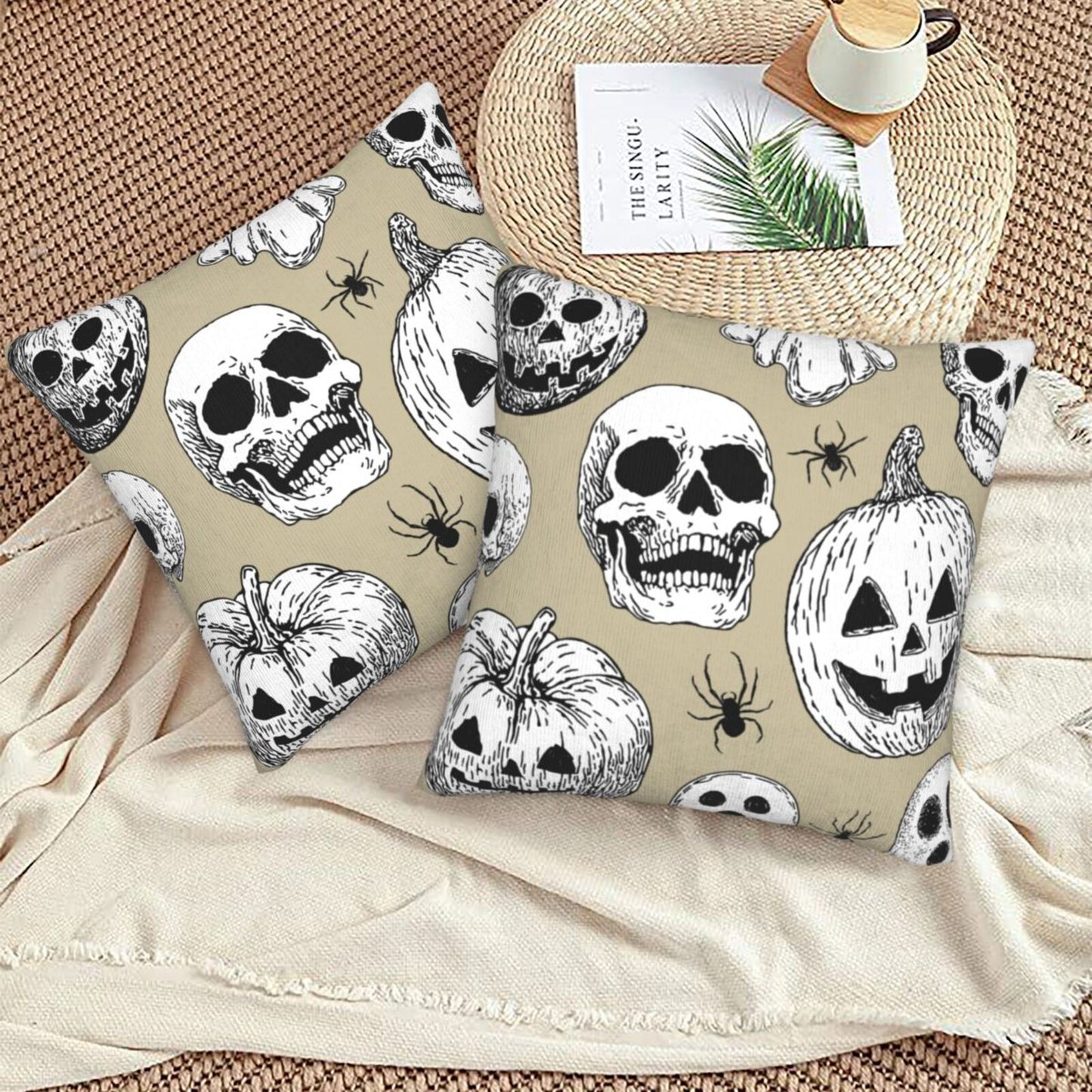 Halloween Themed Throw Pillow Covers 18x18 inch Set of 2 Ghosts Orange Velvet Decorative Cushion Covers for Sofa Couch Living Room