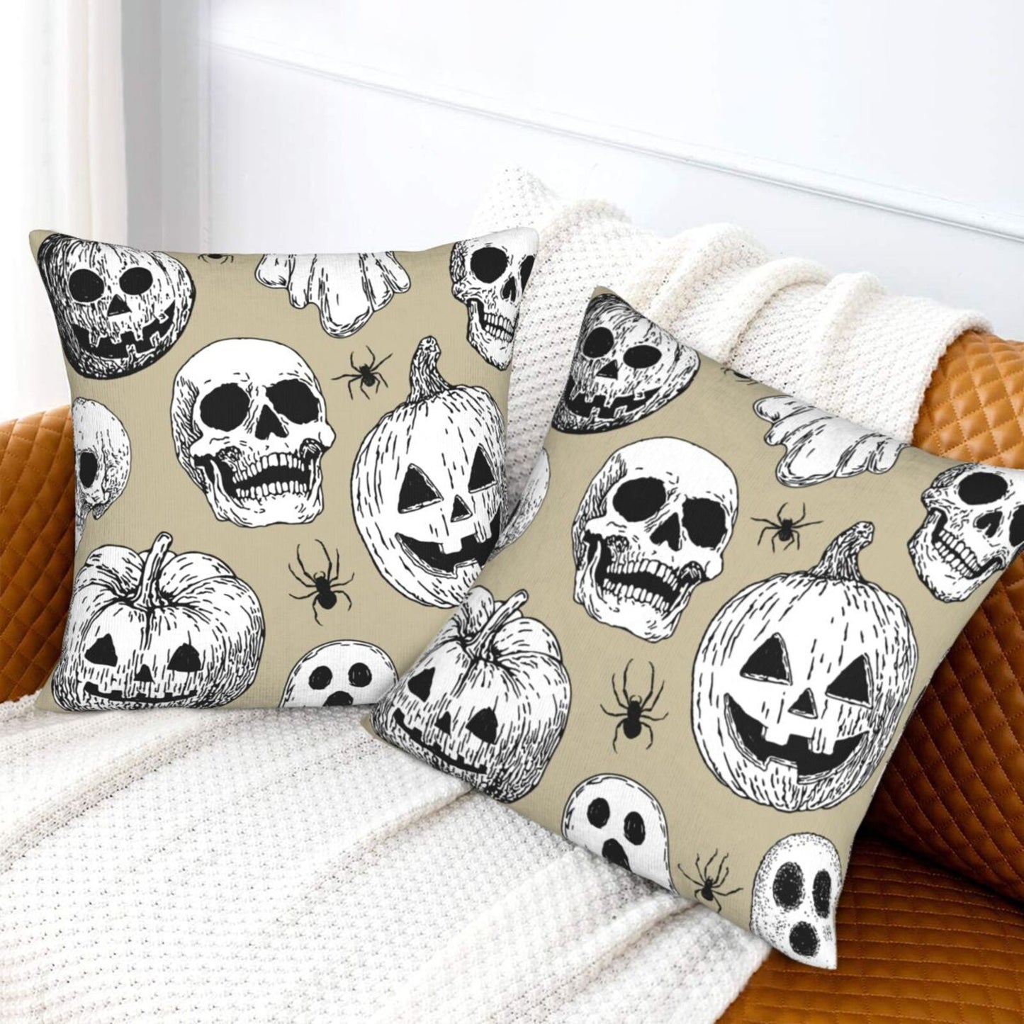 Halloween Themed Throw Pillow Covers 18x18 inch Set of 2 Ghosts Orange Velvet Decorative Cushion Covers for Sofa Couch Living Room