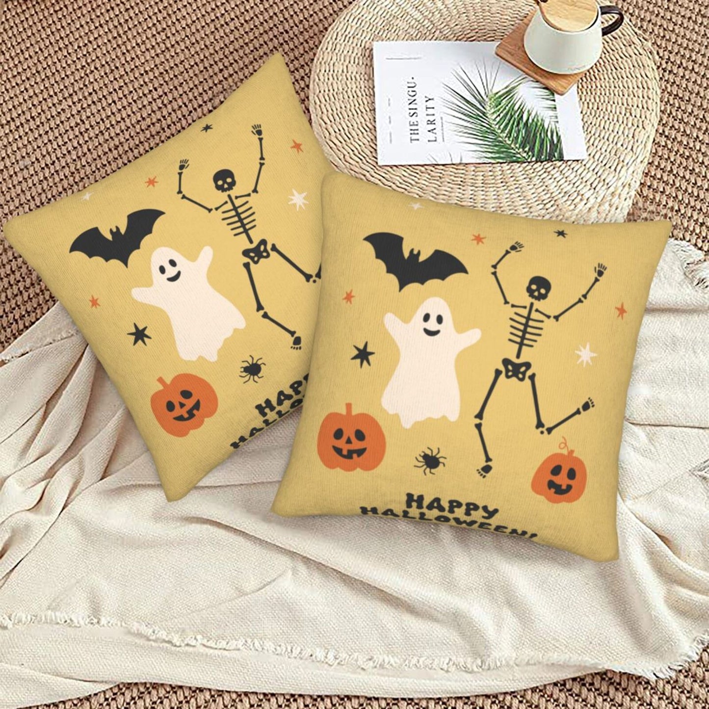 Halloween Decorative Throw Pillow Covers 18x18 inch Set of 2 Skulls Ghosts Pumpkins Velvet Decorative Cushion Covers for Sofa Couch Living Room