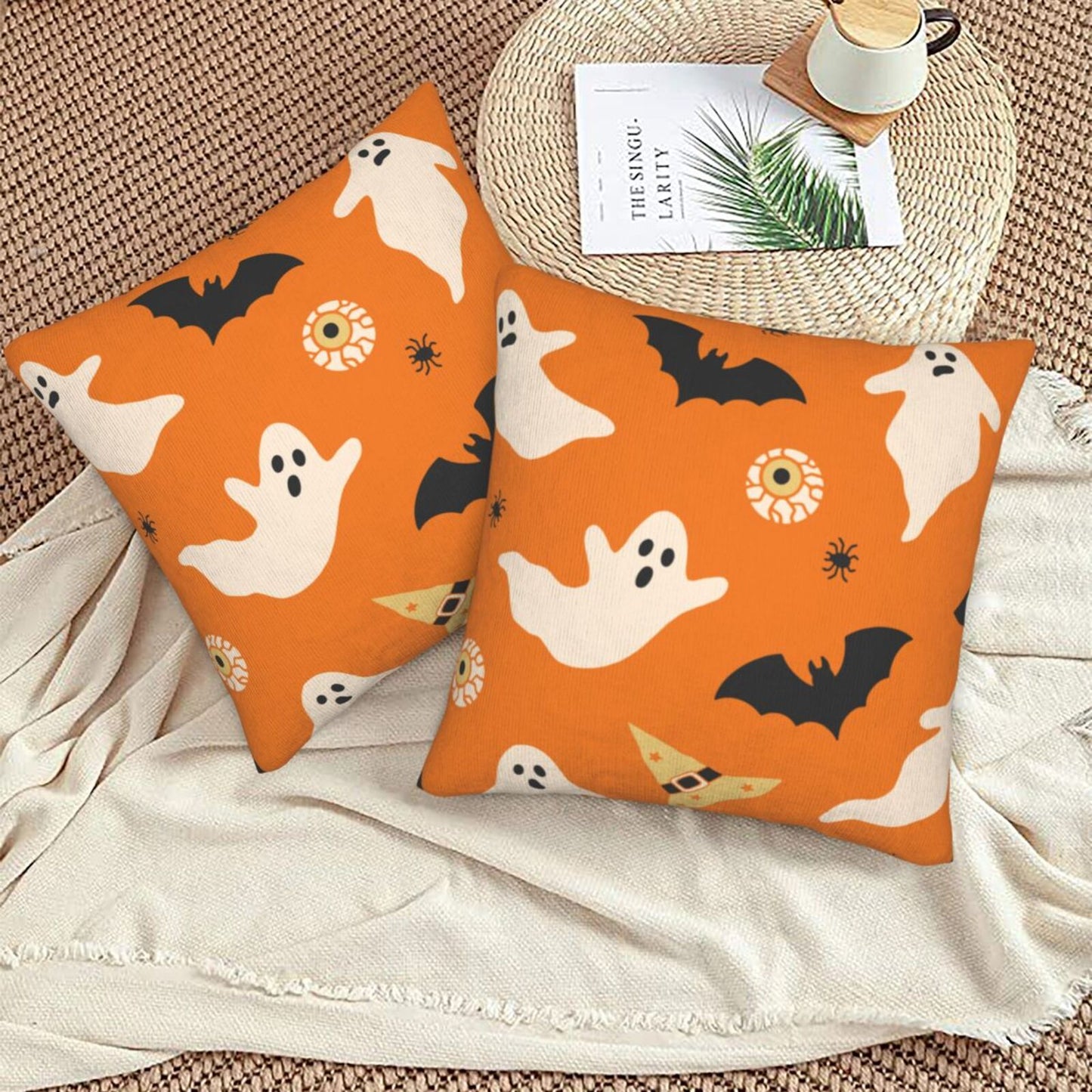 Halloween Decorative Throw Pillow Covers 18x18 inch Set of 2 Skulls Ghosts Pumpkins Velvet Decorative Cushion Covers for Sofa Couch Living Room
