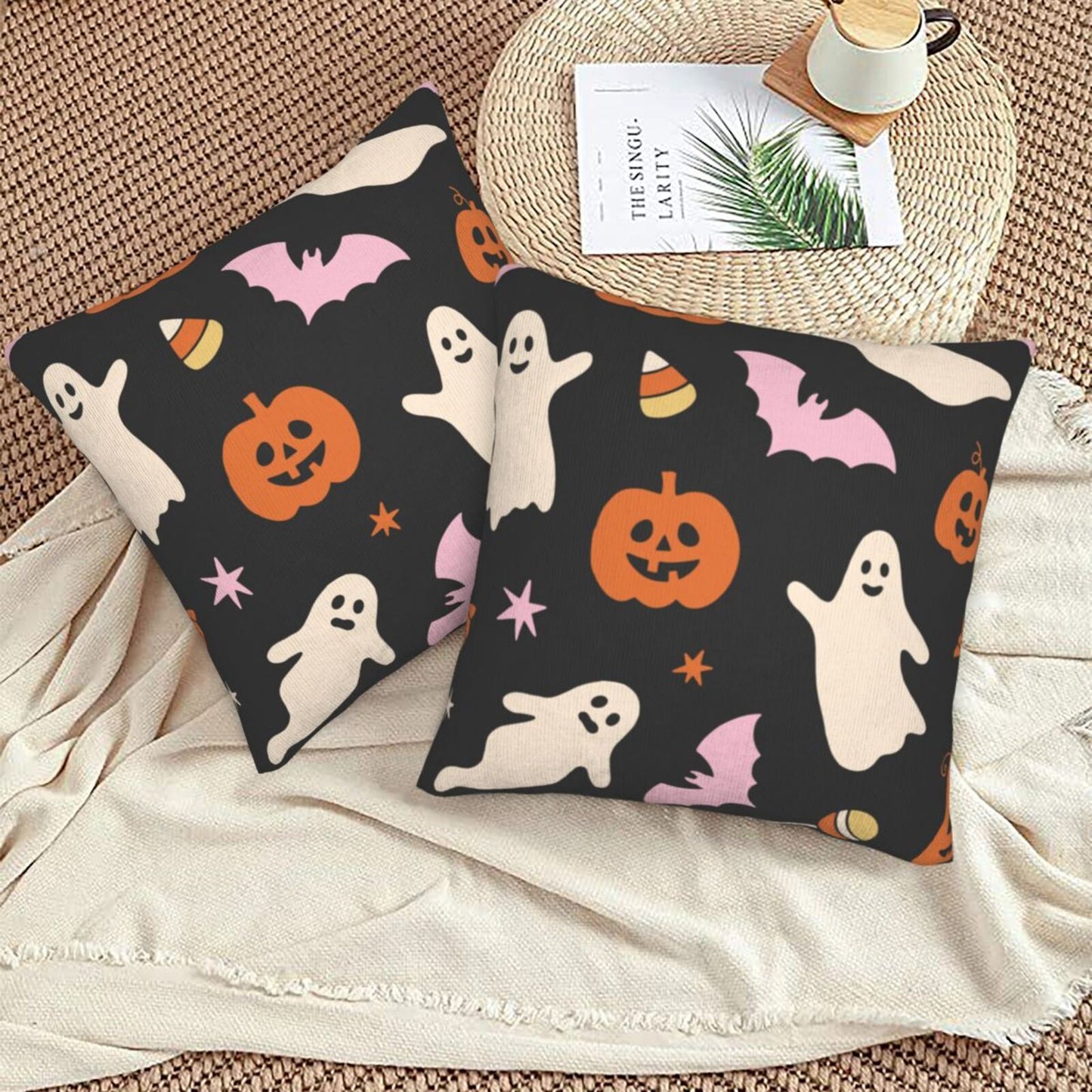 Halloween Decorative Throw Pillow Covers 18x18 inch Set of 2 Skulls Ghosts Pumpkins Velvet Decorative Cushion Covers for Sofa Couch Living Room