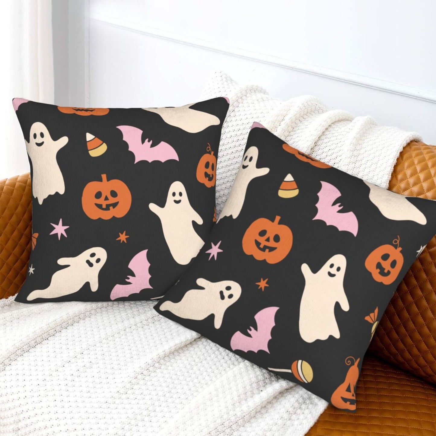 Halloween Decorative Throw Pillow Covers 18x18 inch Set of 2 Skulls Ghosts Pumpkins Velvet Decorative Cushion Covers for Sofa Couch Living Room