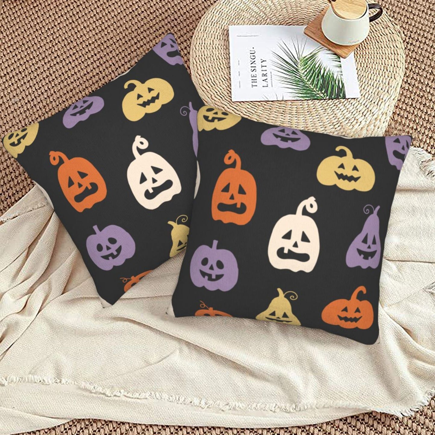 Halloween Decorative Throw Pillow Covers 18x18 inch Set of 2 Skulls Ghosts Pumpkins Velvet Decorative Cushion Covers for Sofa Couch Living Room