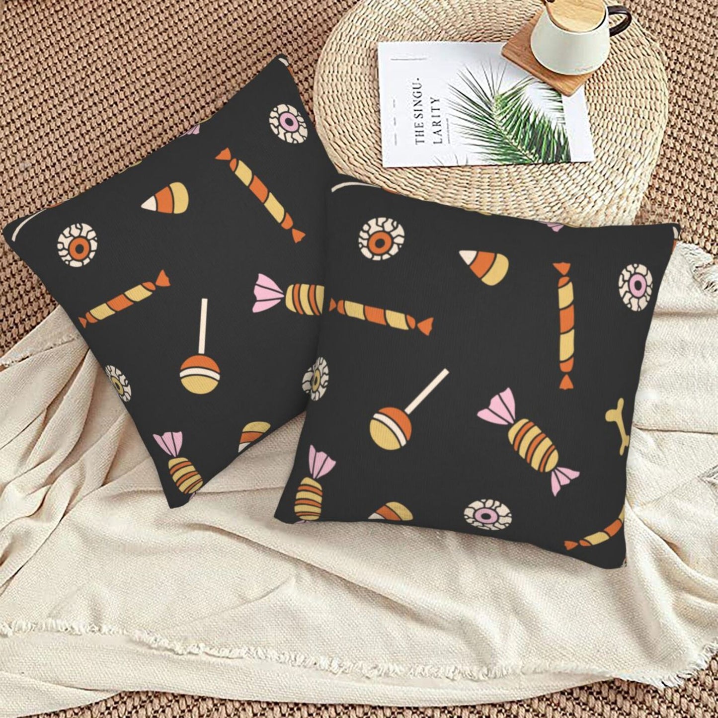 Halloween Decorative Throw Pillow Covers 18x18 inch Set of 2 Skulls Ghosts Pumpkins Velvet Decorative Cushion Covers for Sofa Couch Living Room