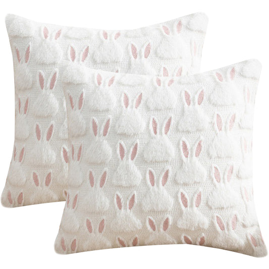 Bunny Throw Pillow Covers 18x18 inch Set of 2 Easter Faux Fur Farmhouse Decorative Cushion Covers for Sofa Couch Bedroom