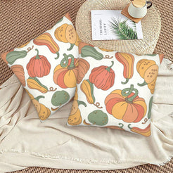 Set of two velvet pillow covers with cream colorful gourds and pumpkins, styled on a woven chair