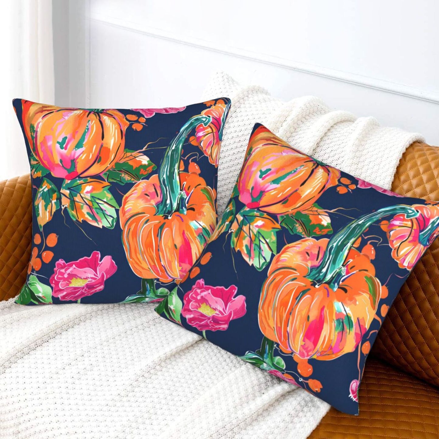 Fall Pumpkin Throw Pillow Covers 18x18 inch Set of 2 Thanksgiving Velvet Cushion Covers for Sofa Couch Bed
