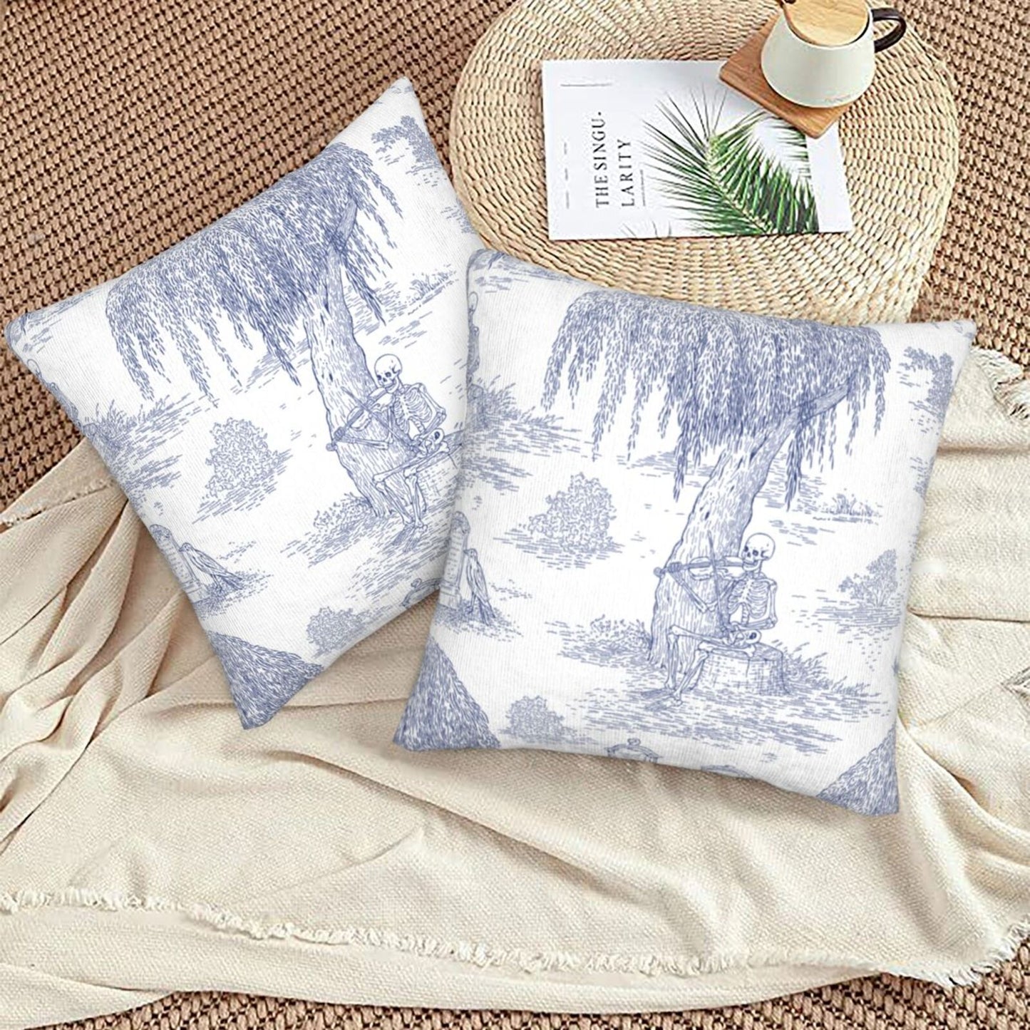Halloween Decorative Throw Pillow Covers 18x18 inch Set of 2 Toile Spooky Skulls Velvet Cushion Covers for Sofa Couch