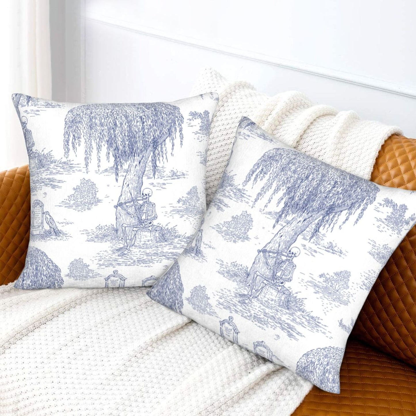 Halloween Decorative Throw Pillow Covers 18x18 inch Set of 2 Toile Spooky Skulls Velvet Cushion Covers for Sofa Couch