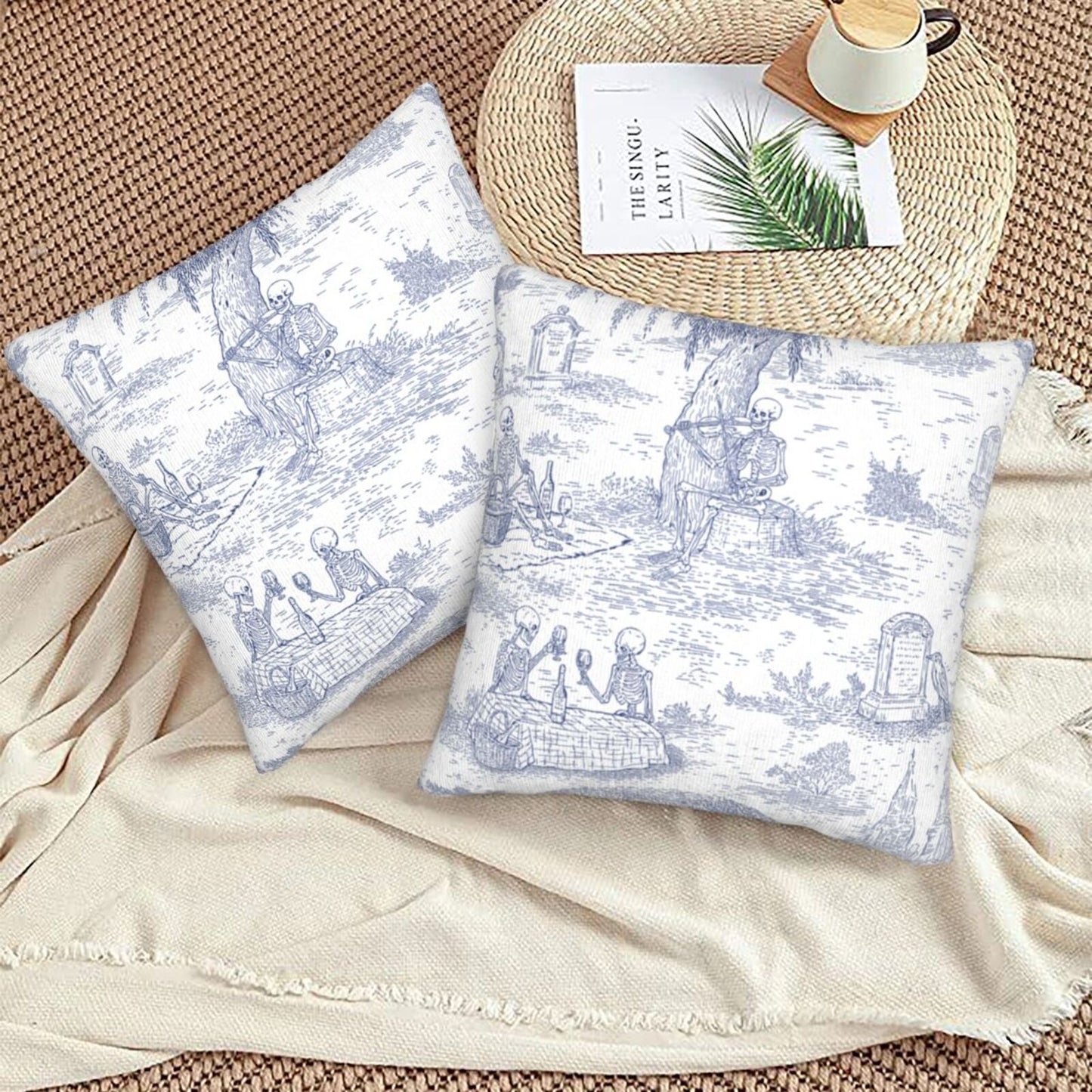 Halloween Decorative Throw Pillow Covers 18x18 inch Set of 2 Toile Spooky Skulls Velvet Cushion Covers for Sofa Couch