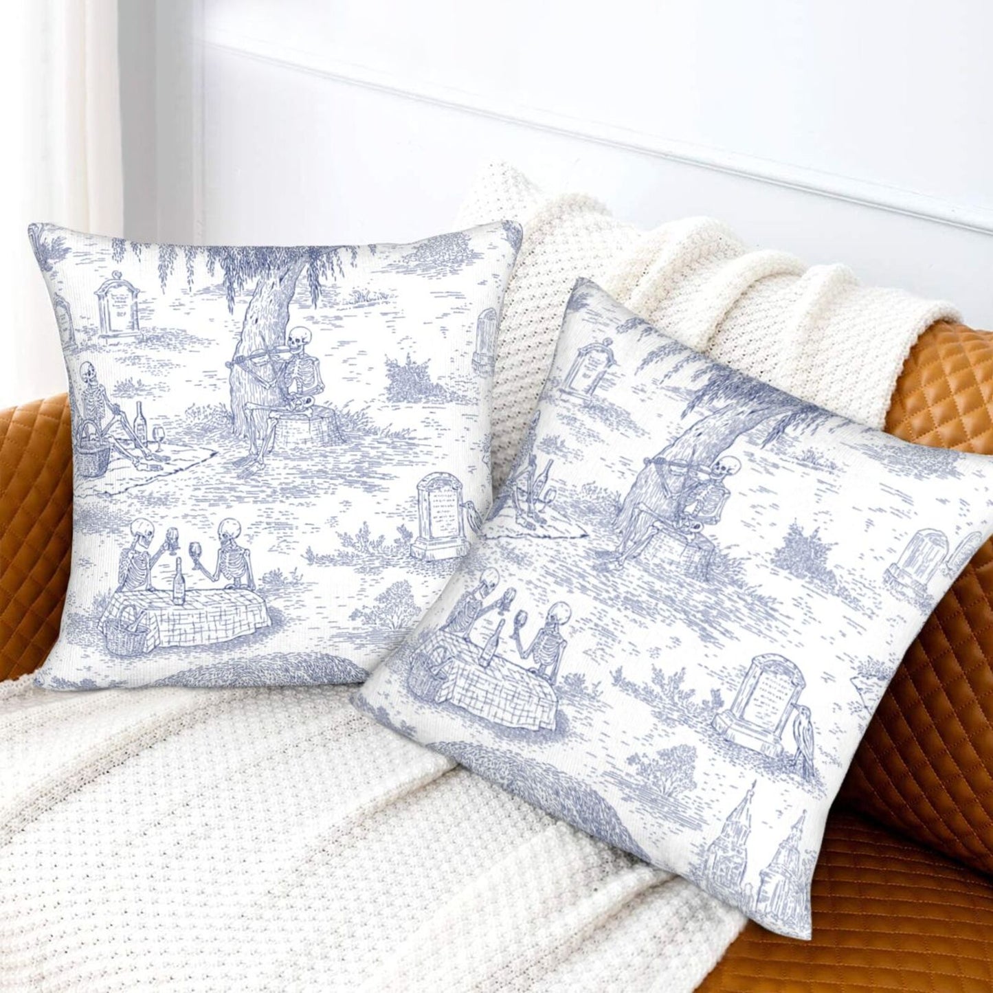 Halloween Decorative Throw Pillow Covers 18x18 inch Set of 2 Toile Spooky Skulls Velvet Cushion Covers for Sofa Couch