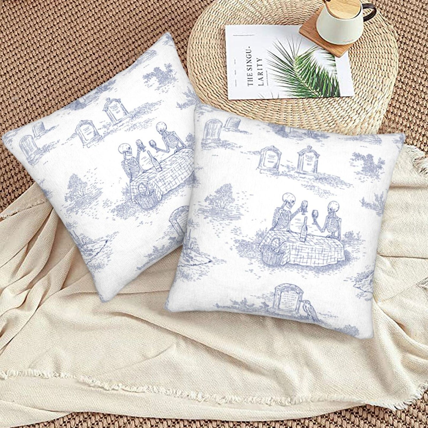 Halloween Decorative Throw Pillow Covers 18x18 inch Set of 2 Toile Spooky Skulls Velvet Cushion Covers for Sofa Couch