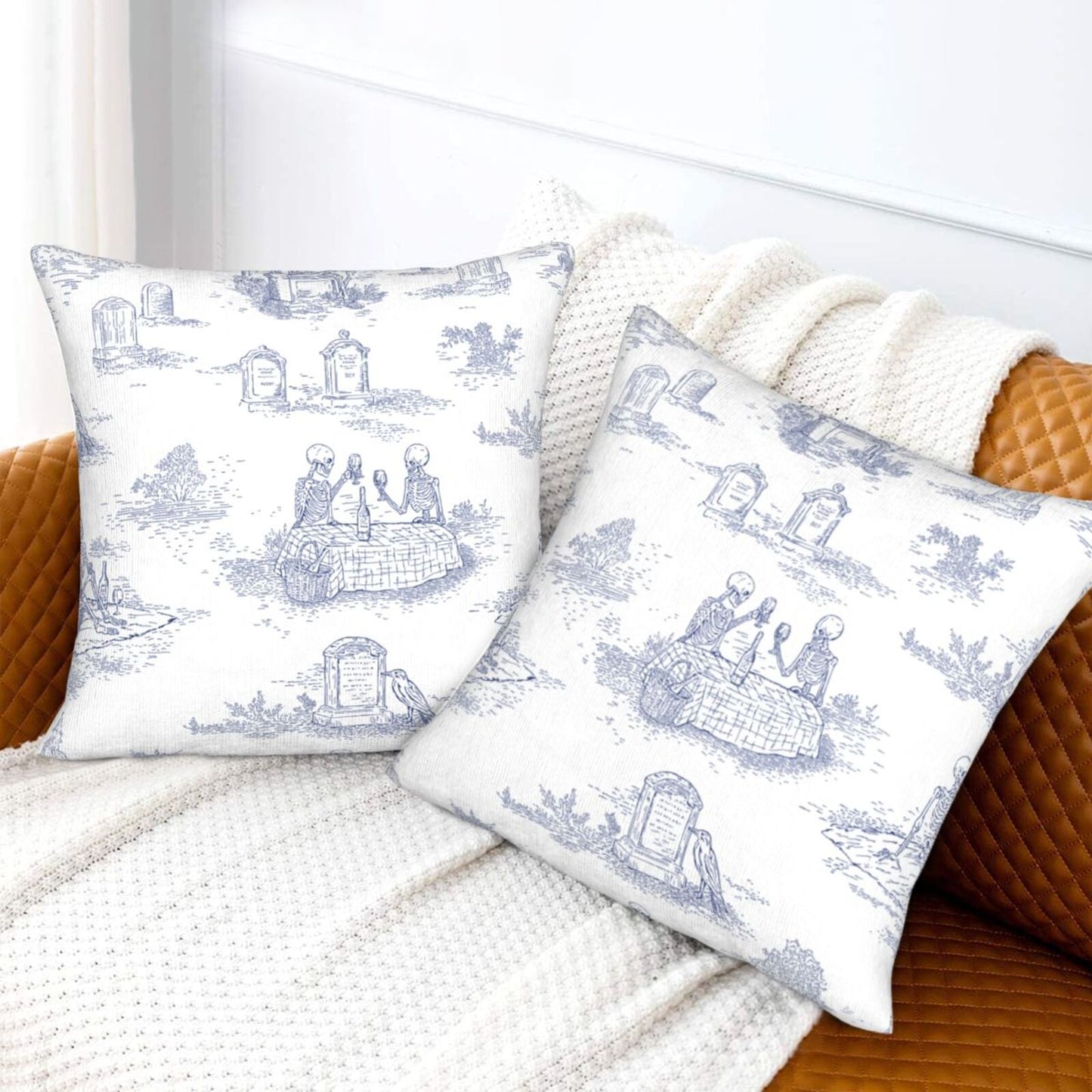 Halloween Decorative Throw Pillow Covers 18x18 inch Set of 2 Toile Spooky Skulls Velvet Cushion Covers for Sofa Couch
