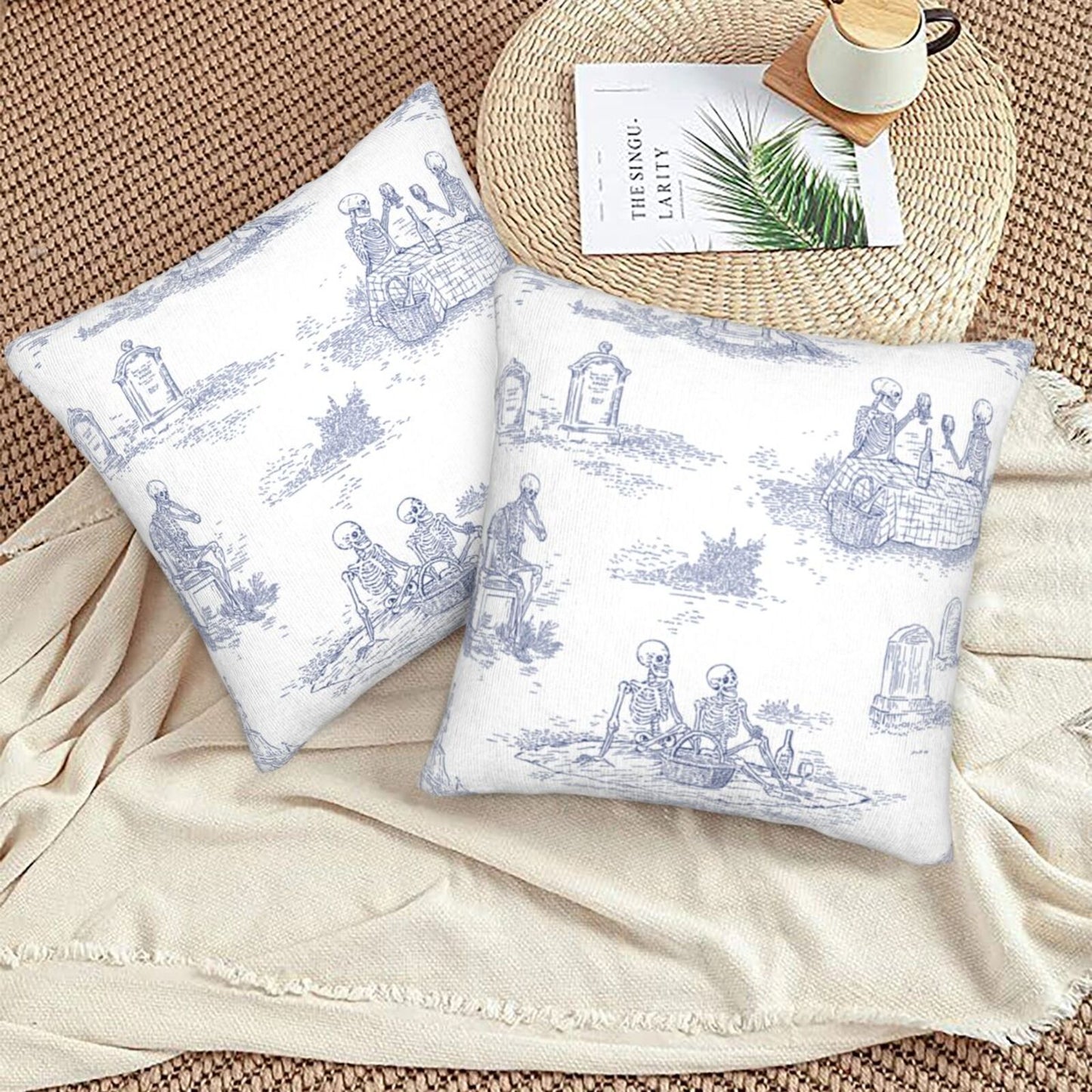 Halloween Decorative Throw Pillow Covers 18x18 inch Set of 2 Toile Spooky Skulls Velvet Cushion Covers for Sofa Couch