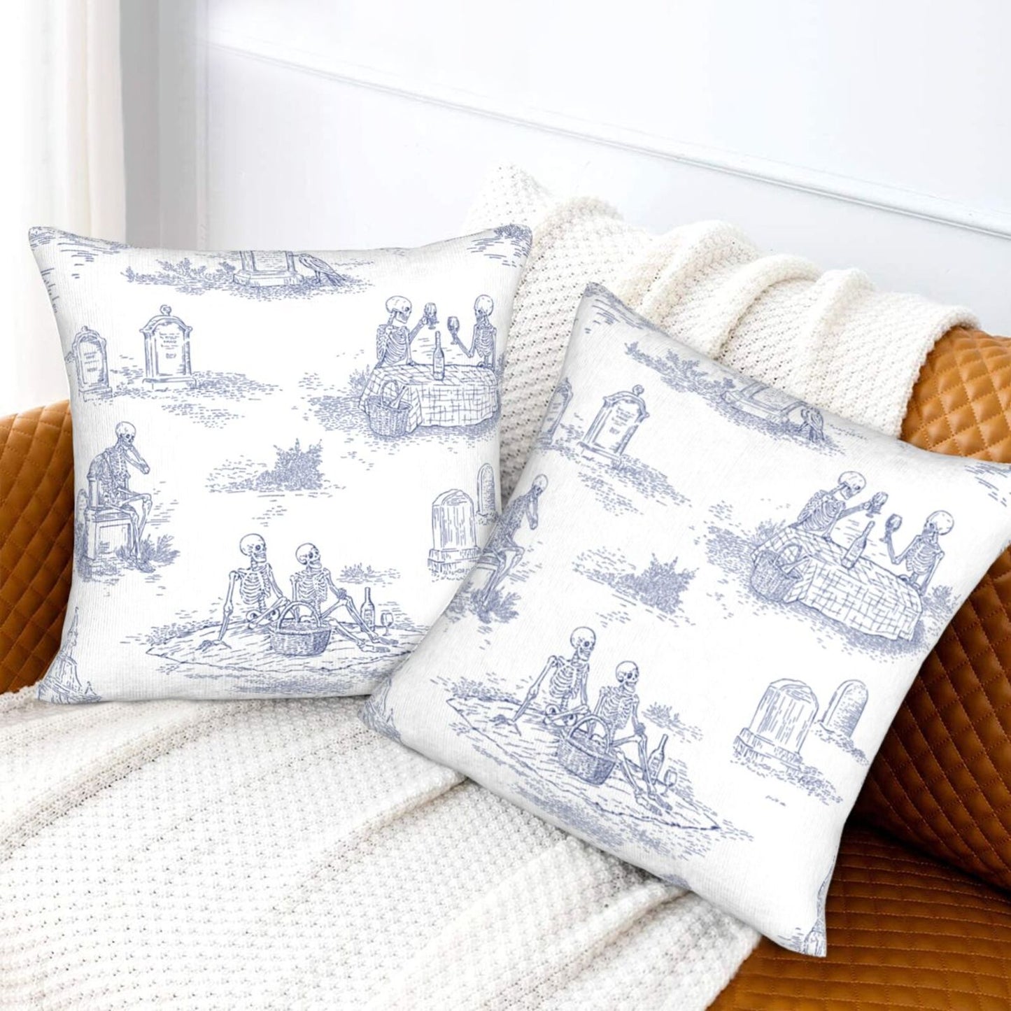 Halloween Decorative Throw Pillow Covers 18x18 inch Set of 2 Toile Spooky Skulls Velvet Cushion Covers for Sofa Couch
