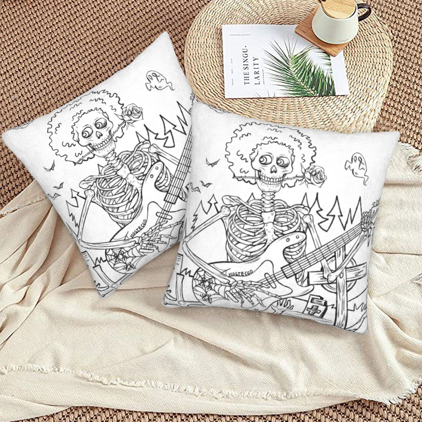 Halloween Decorative Throw Pillow Covers 18x18 inch Set of 2 Toile Spooky Skulls Velvet Cushion Covers for Sofa Couch