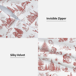Hidden zipper and velvet detail on a pillow cover with red classic Christmas town toile
