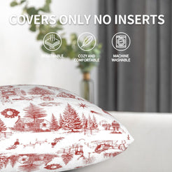 Red classic Christmas town toile velvet pillow cover shown without an insert