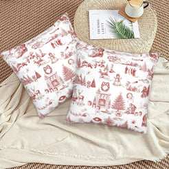 Red on white classic Christmas town toile velvet pillow covers styled on a floor cushion