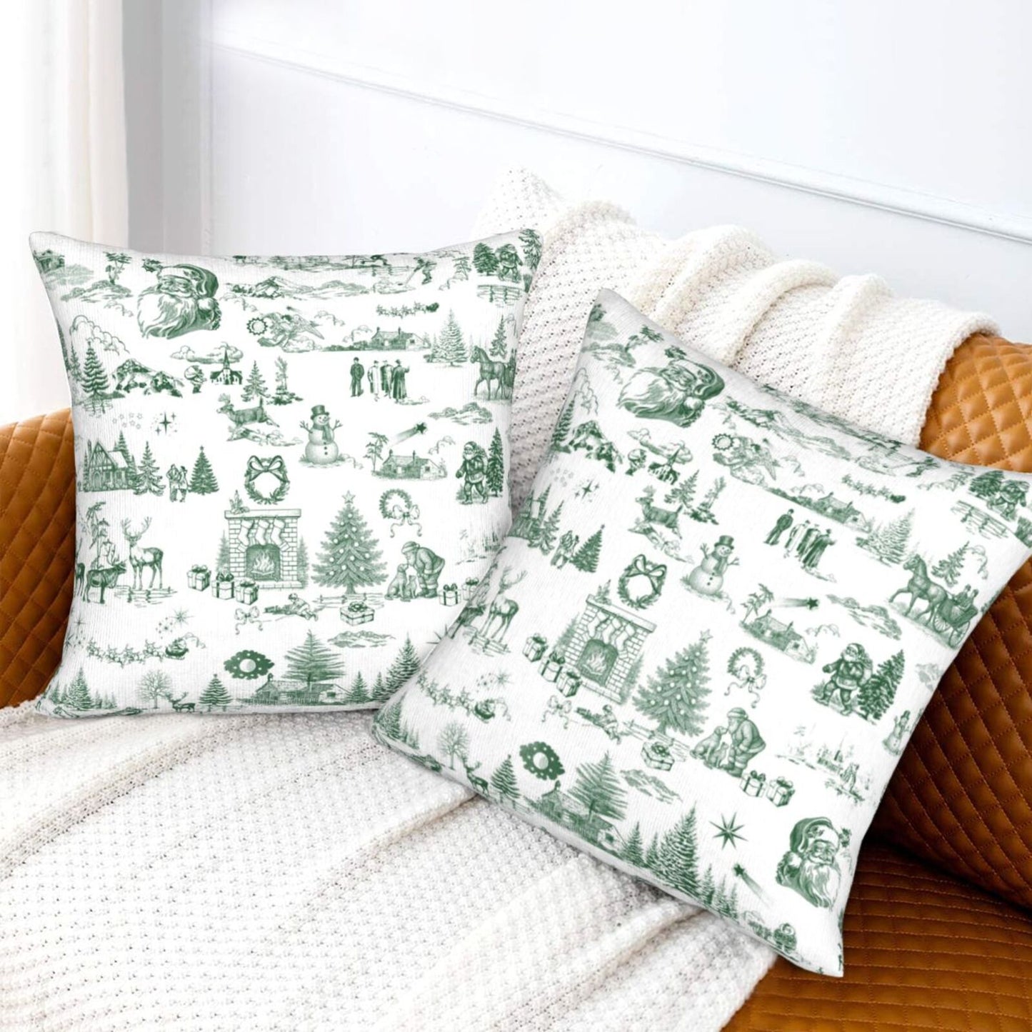 Toile Christmas Throw Pillow Covers 18x18 inch Set of 2 Winter Holiday Velvet Decorative Cushion Covers for Sofa Couch