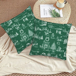 White on green classic Christmas town toile velvet pillow covers styled on a floor cushion