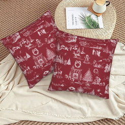 White on burgundy classic Christmas town toile velvet pillow covers styled on a floor cushion