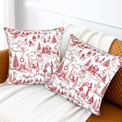 Red on white winter holiday toile velvet pillow covers styled on a bed
