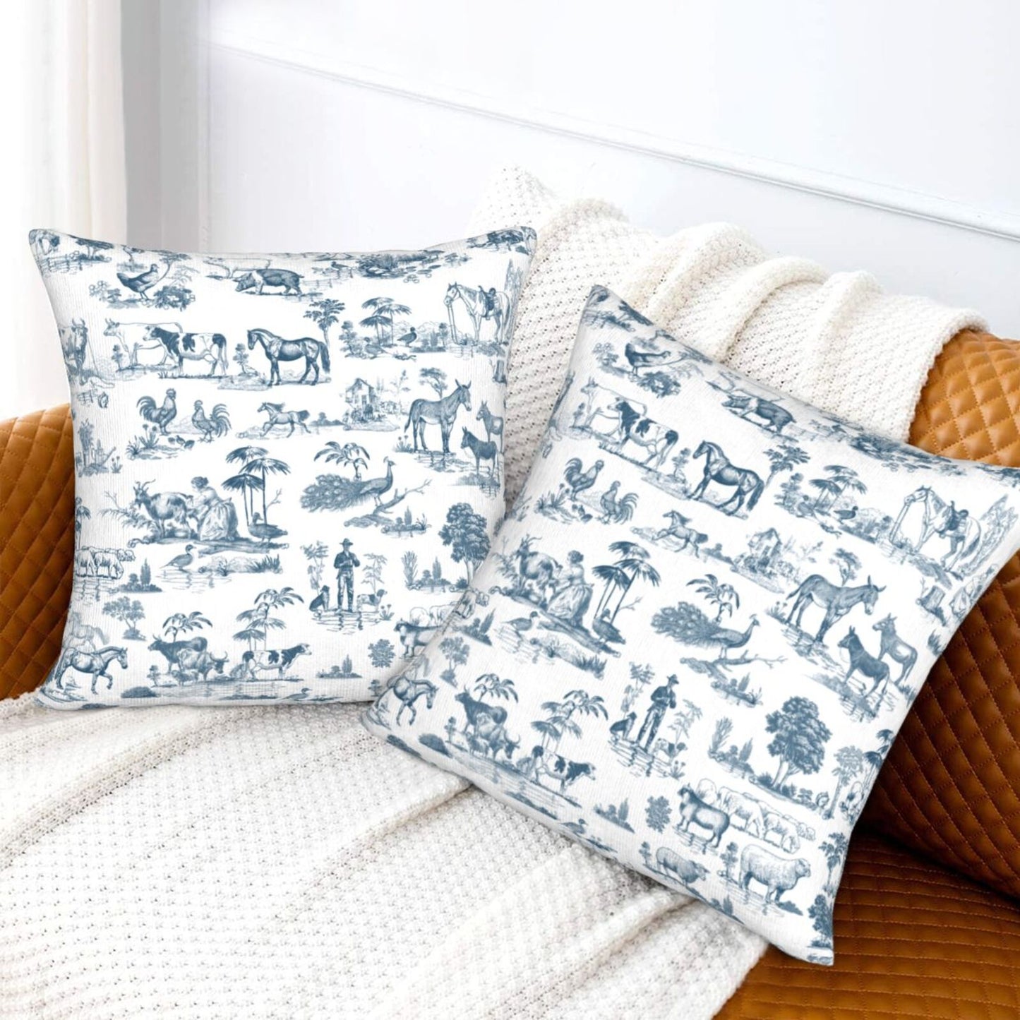 Farmhouse Toile Throw Pillow Covers 18x18 inch Set of 2 Vintage Nature Countryside Velvet Decorative Cushion Covers for Sofa Couch